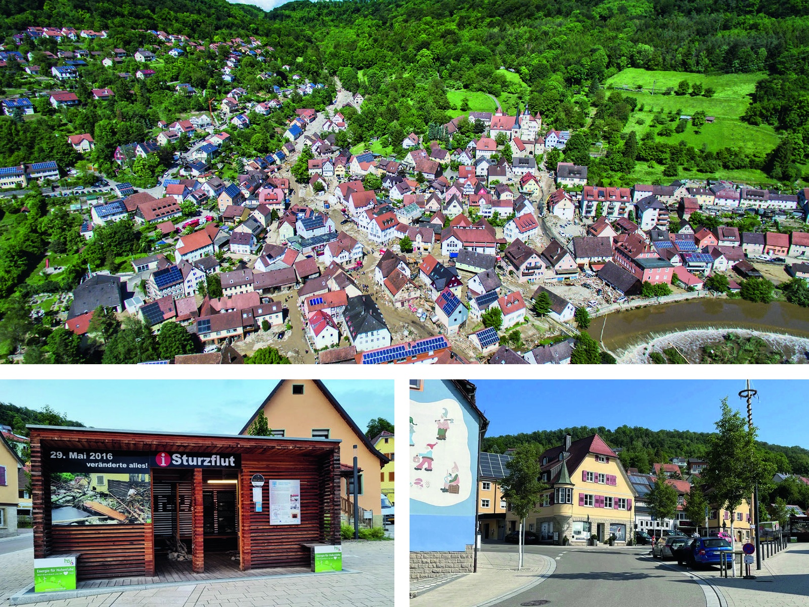 Wiederaufgebautes Braunsbach mit Erinnerungsstätte