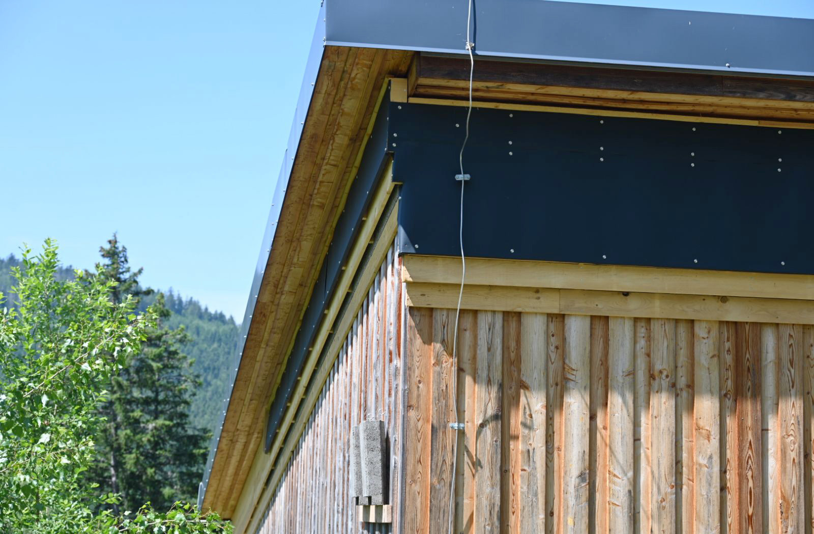 Holzgebäude mit Vorrichtungen für Artenschutz unter dem Dach