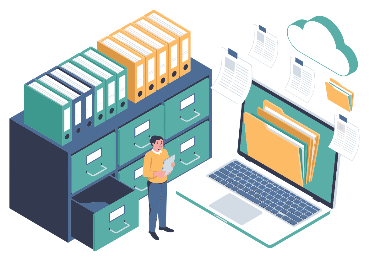 Illustration zu digitalen Dokumenten und vernetzten Verwaltungsplattformen