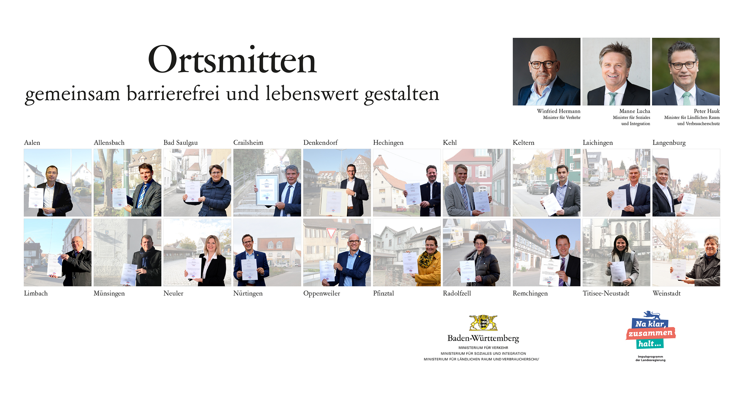 Alle Modellkommunen des Projekts "Ortsmitten - gemeinsam barrierefrei und lebenswert gestalten" (c)Ministerium für Verkehr