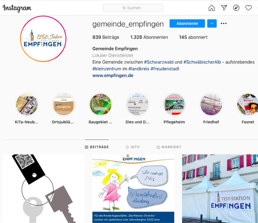 Instagram-Account der Gemeinde Empfingen