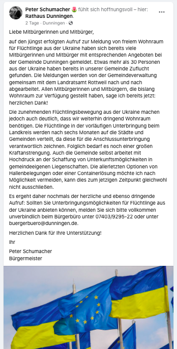 Peter Schumacher war einer der ersten von vielen Bürgermeistern, die sich per Social Media an die Einwohnerinnen und Einwohner gewandt hat, um Wohnraum für ukrainische Geflüchtete zu organisieren.