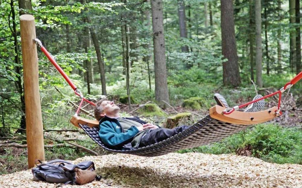 EIn mann liegt im Wald in Schömberg in einer Hängematte des Themenpfades