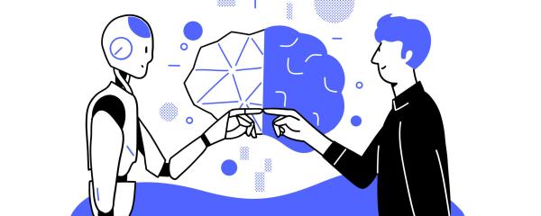 Mensch und Roboter berühren sich an den Fingern, um KI deutlich zu machen 