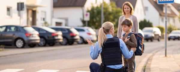 Polizistin erklärt Kind am Zebrastreifen die Verkehrssicherheit